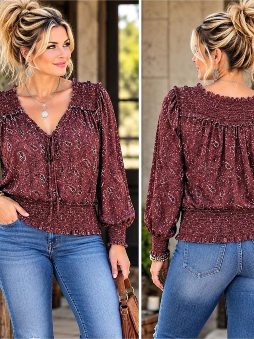 Daytrip Paisley Long Sleeve Blouse in Burgundy (PTP 21”)